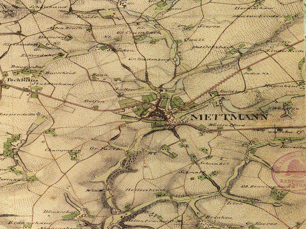 Historische Karte: Mettmann (Innenstadt), aufgenommen 1836–1850 (Preußische Uraufnahme). Quelle: Geobasis NRW, Datenlizenz Deutschland Zero 2.0.