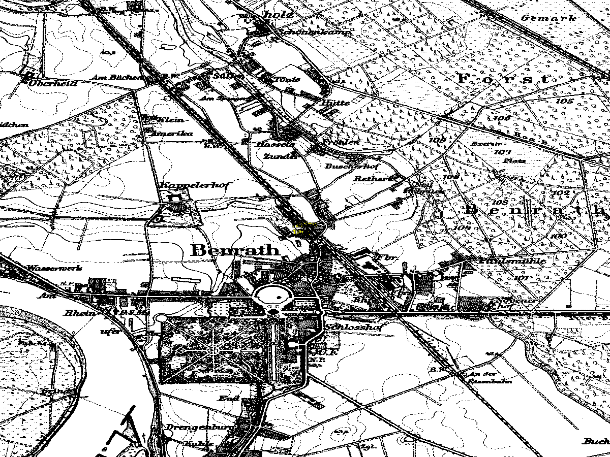 Historische Karte: Düsseldorf-Benrath, aufgenommen 1891–1912 (Preußische Neuaufnahme). Quelle: Geobasis NRW, Datenlizenz Deutschland Zero 2.0.