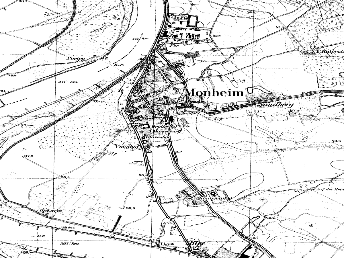 Historische Karte: Monheim am Rhein, aufgenommen 1936–1945 (Topographische Karte TK25). Quelle: Geobasis NRW, Datenlizenz Deutschland Zero 2.0.