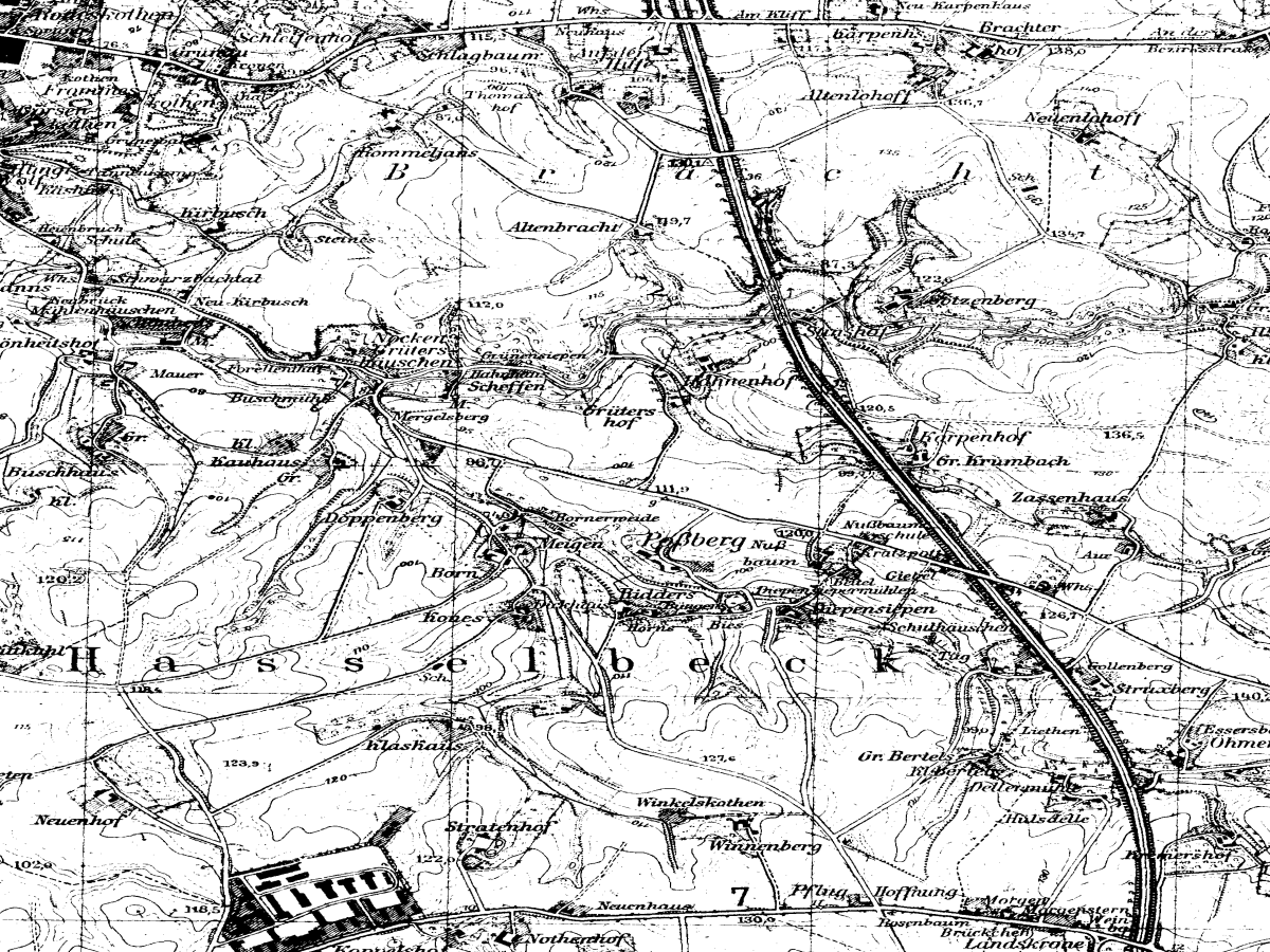 Historische Karte: Ratingen-Homberg, aufgenommen 1936–1945 (Topographische Karte TK25). Quelle: Geobasis NRW, Datenlizenz Deutschland Zero 2.0.