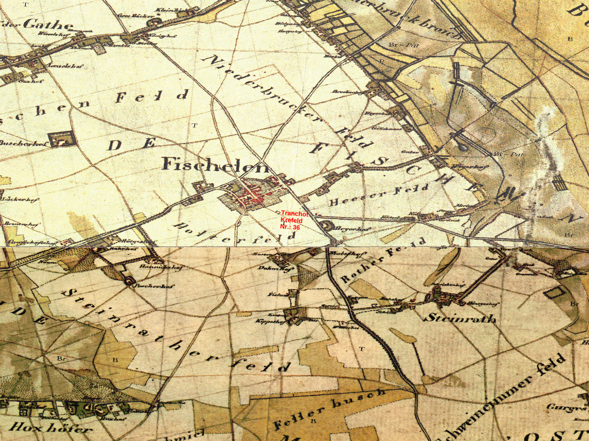 Historische Karte: Krefeld-Fischeln, aufgenommen 1801–1828 (Tranchot-Karte). Quelle: Geobasis NRW, Datenlizenz Deutschland Zero 2.0.