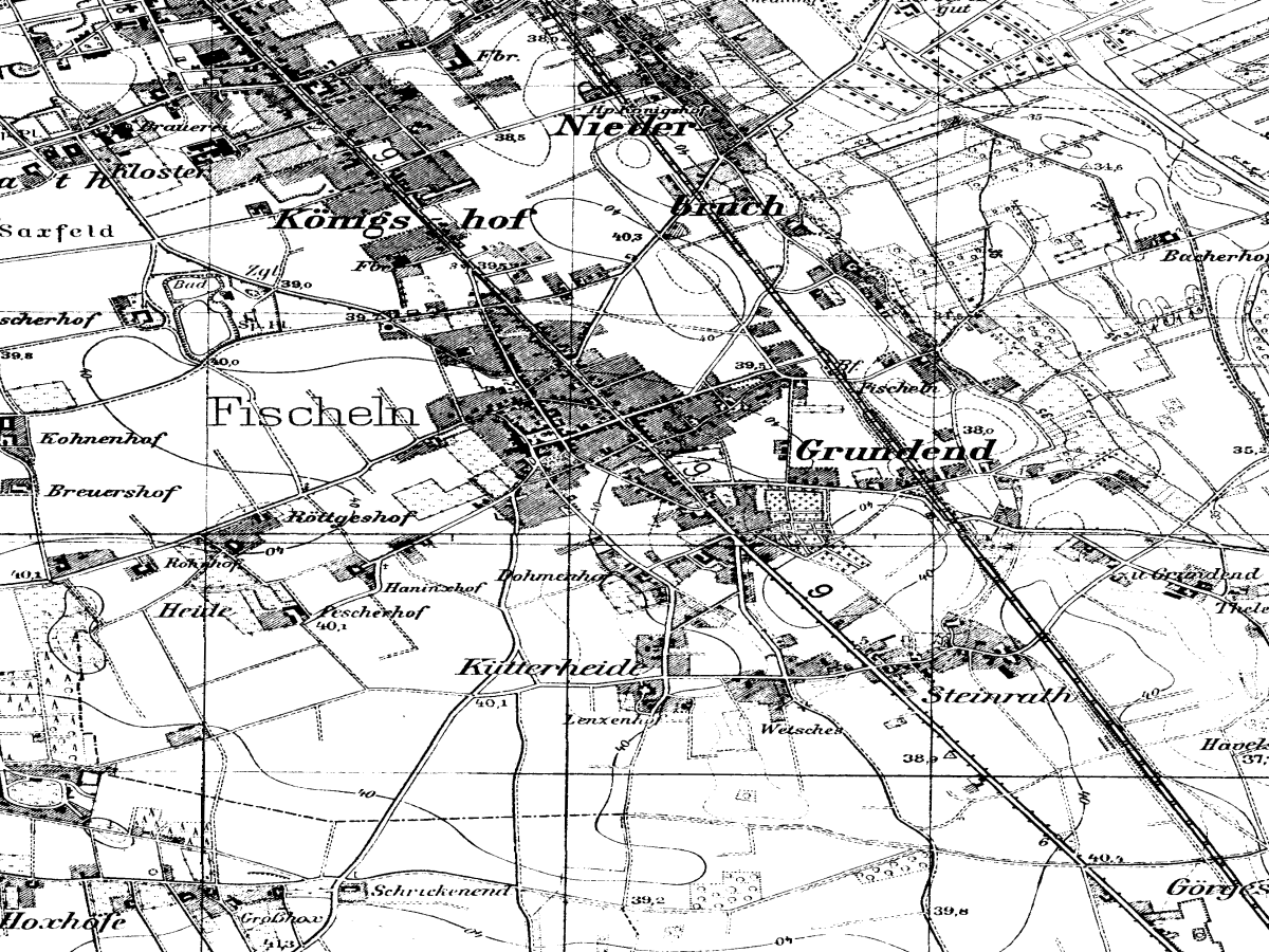 Historische Karte: Krefeld-Fischeln, aufgenommen 1936–1945 (Topographische Karte TK25). Quelle: Geobasis NRW, Datenlizenz Deutschland Zero 2.0.