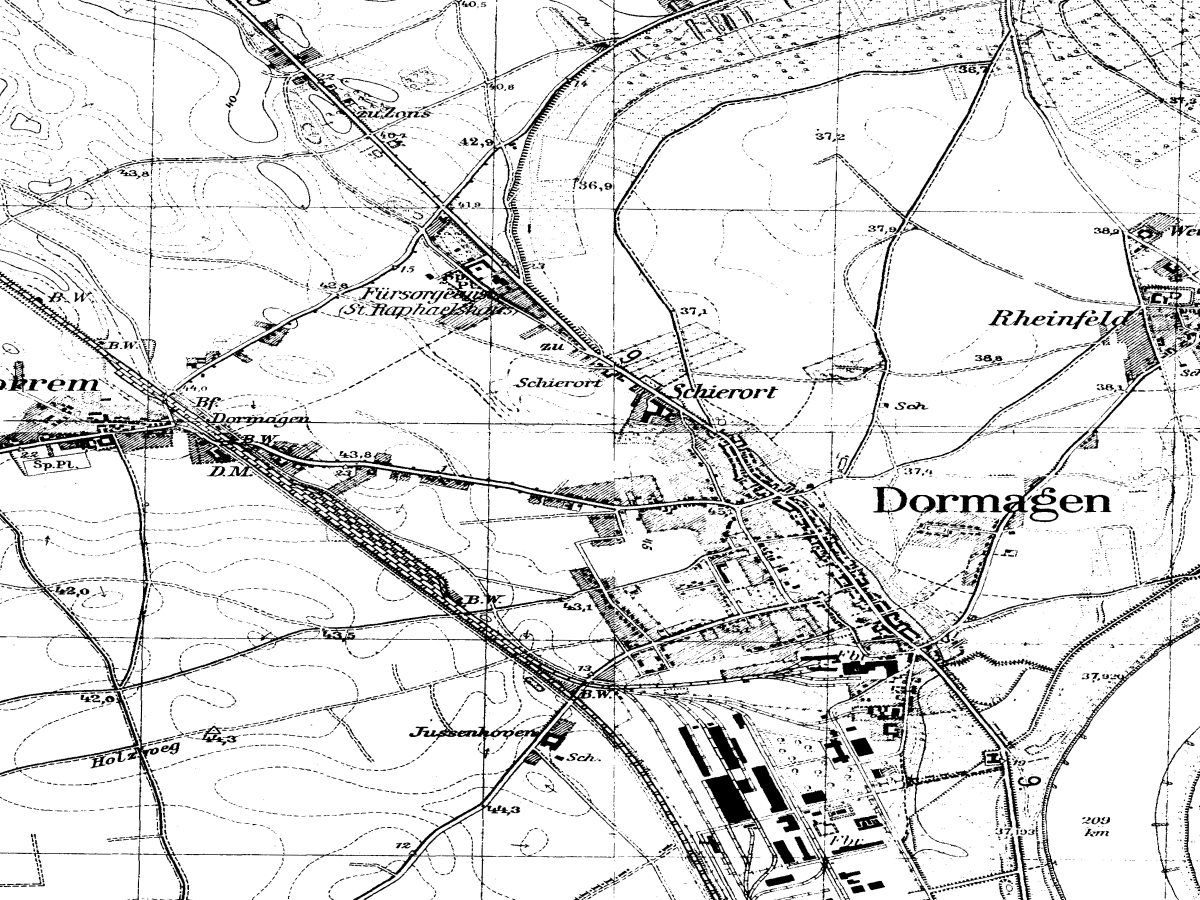 Historische Karte: Dormagen, aufgenommen 1936–1945 (Topographische Karte TK25). Quelle: Geobasis NRW, Datenlizenz Deutschland Zero 2.0.