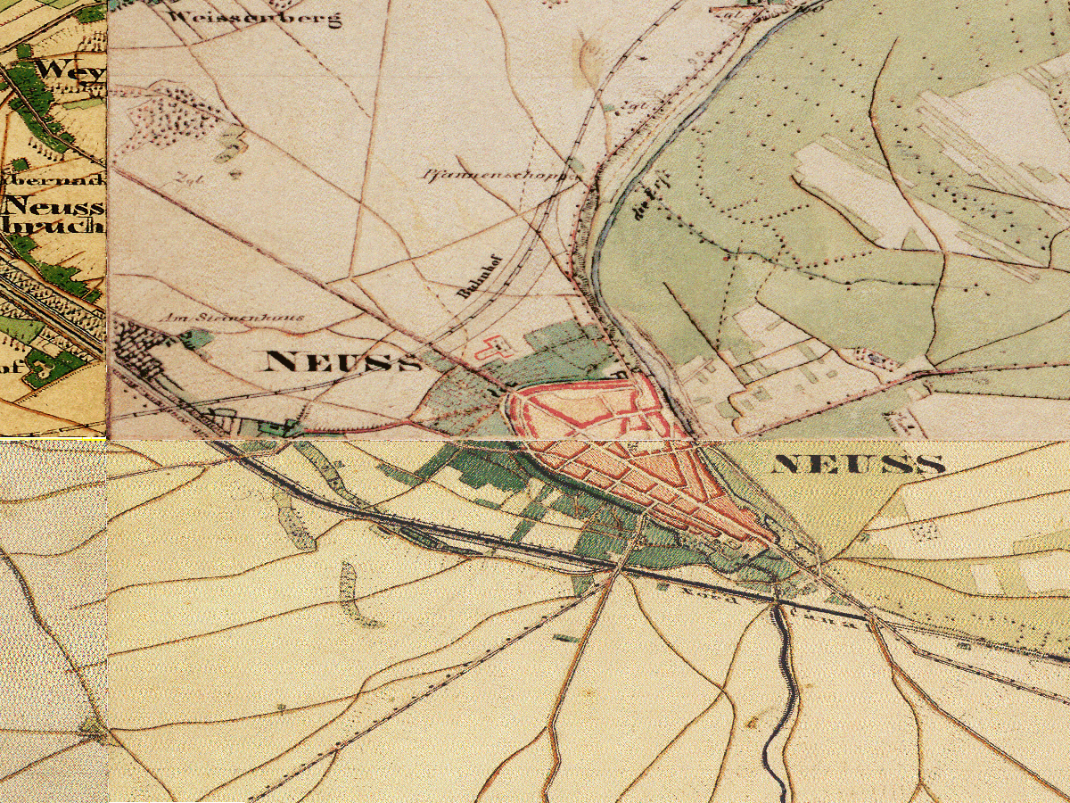 Historische Karte: Neuss (Innenstadt), aufgenommen 1836–1850 (Preußische Uraufnahme). Quelle: Geobasis NRW, Datenlizenz Deutschland Zero 2.0.