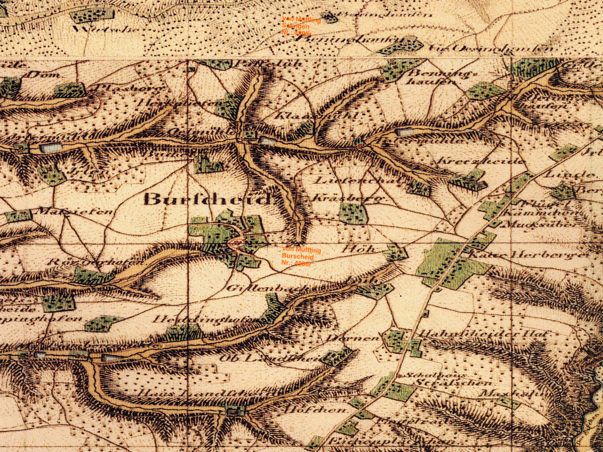 Historische Karte: Burscheid, aufgenommen 1801–1828 (Tranchot-Karte). Quelle: Geobasis NRW, Datenlizenz Deutschland Zero 2.0.