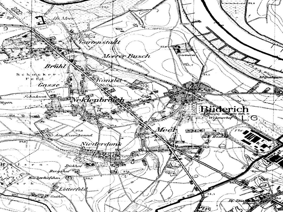 Historische Karte: Meerbusch-Büderich, aufgenommen 1936–1945 (Topographische Karte TK25). Quelle: Geobasis NRW, Datenlizenz Deutschland Zero 2.0.
