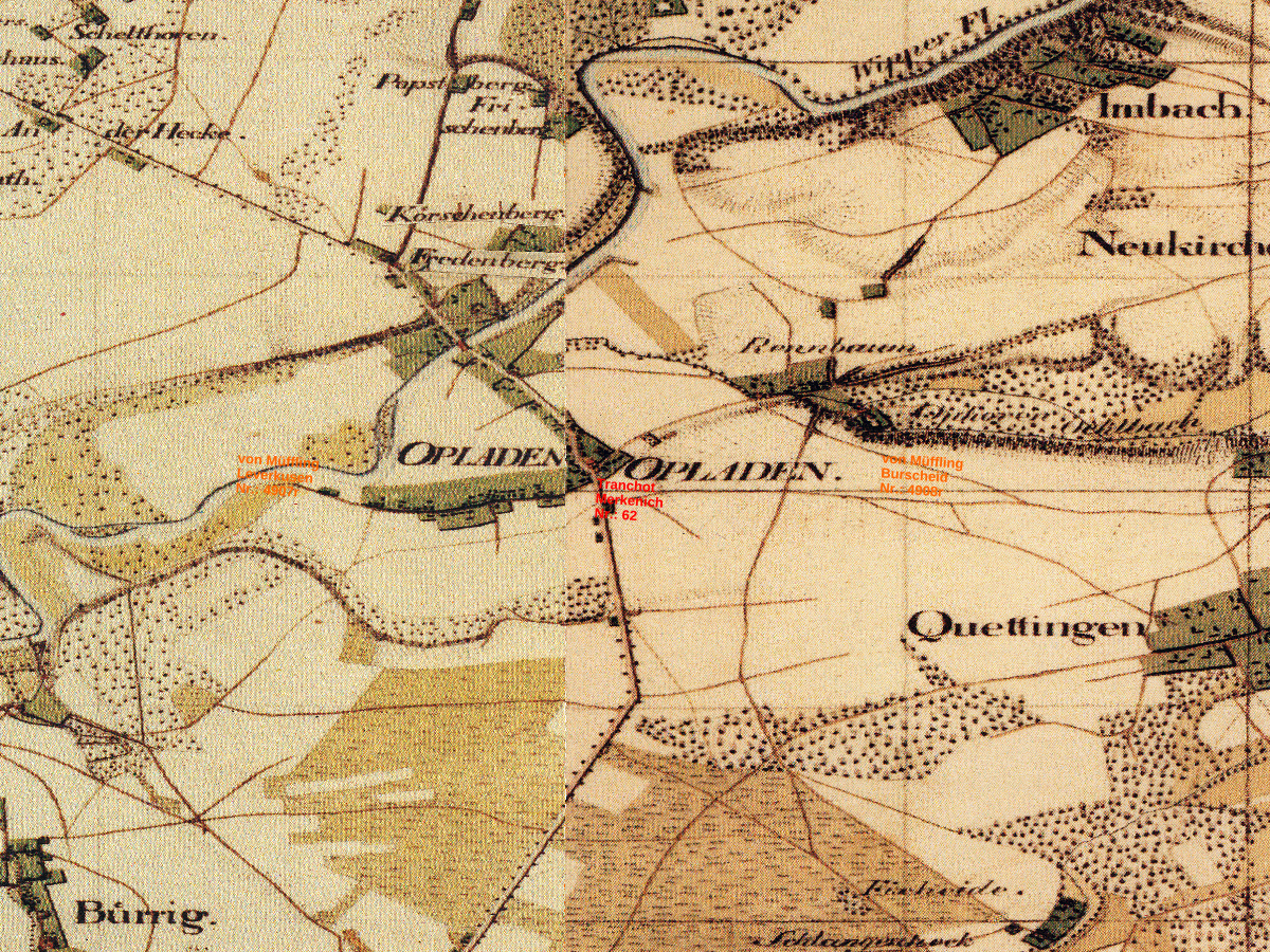 Historische Karte: Leverkusen-Opladen, aufgenommen 1801–1828 (Tranchot-Karte). Quelle: Geobasis NRW, Datenlizenz Deutschland Zero 2.0.