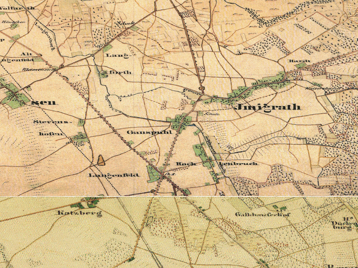 Historische Karte: Langenfeld (Rheinland), aufgenommen 1836–1850 (Preußische Uraufnahme). Quelle: Geobasis NRW, Datenlizenz Deutschland Zero 2.0.