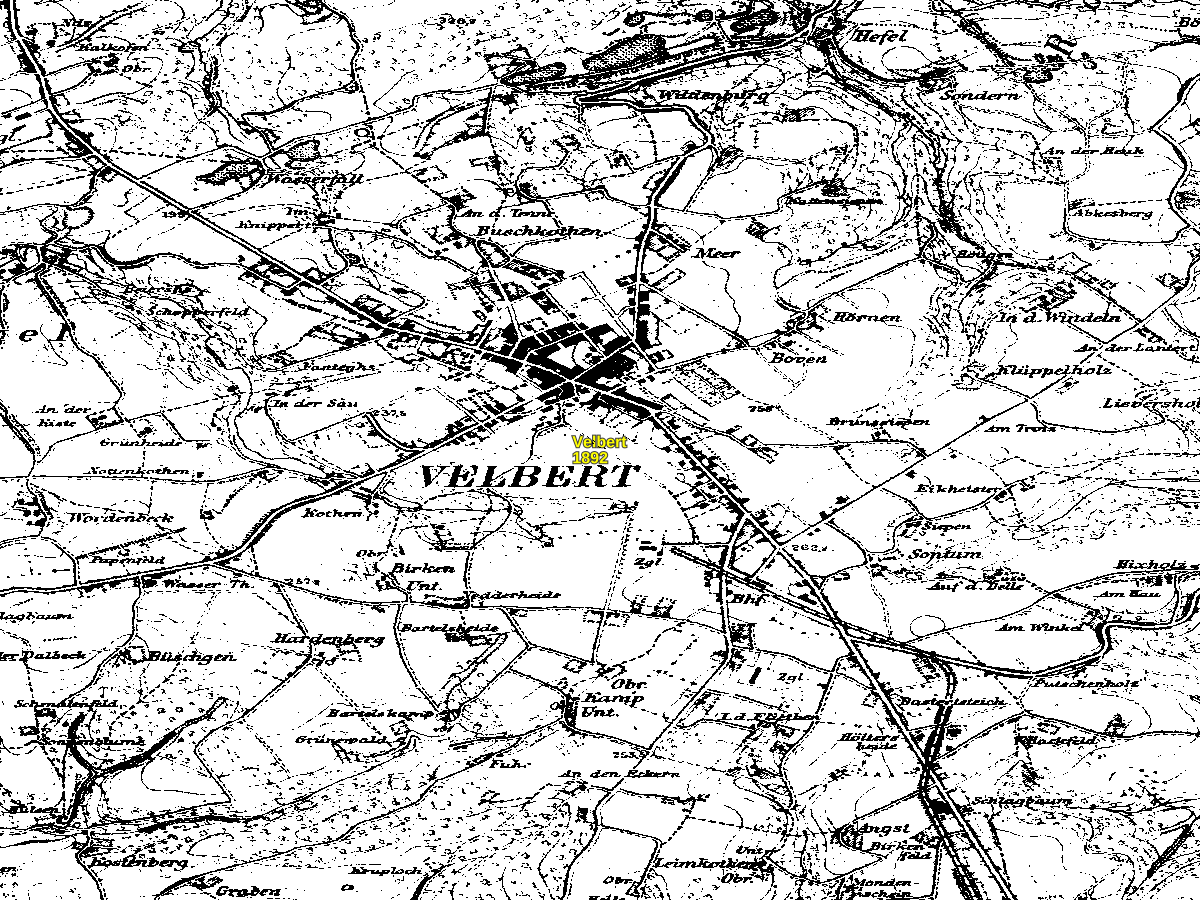 Historische Karte: Velbert (Innenstadt), aufgenommen 1891–1912 (Preußische Neuaufnahme). Quelle: Geobasis NRW, Datenlizenz Deutschland Zero 2.0.