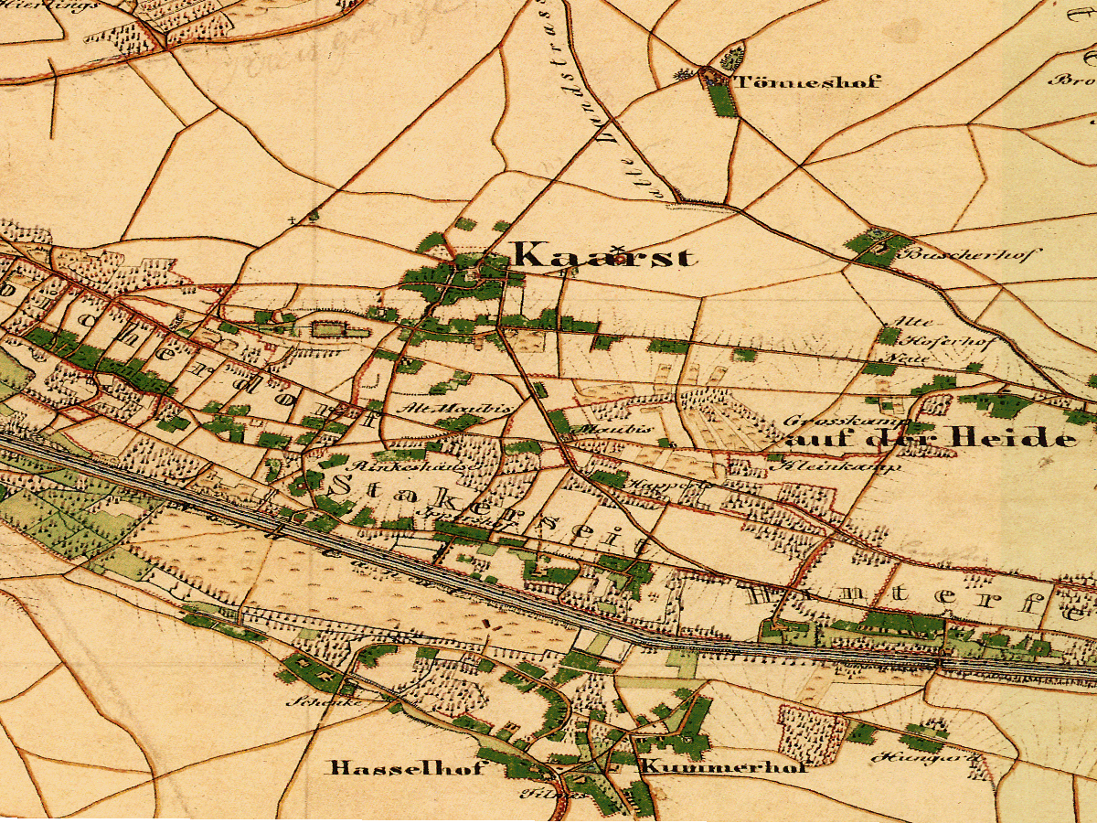 Historische Karte: Kaarst, aufgenommen 1836–1850 (Preußische Uraufnahme). Quelle: Geobasis NRW, Datenlizenz Deutschland Zero 2.0.