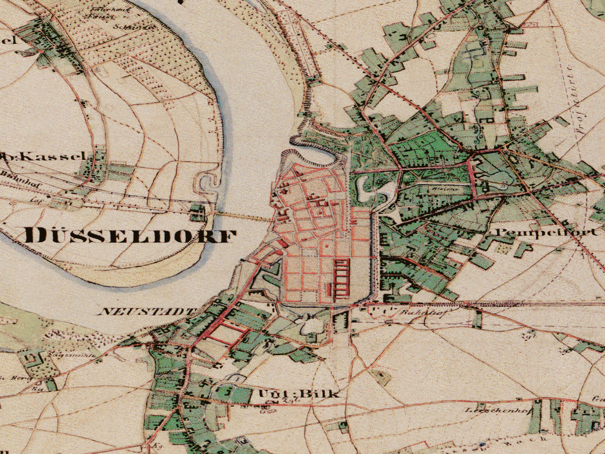 Historische Karte: Düsseldorf (Altstadt), aufgenommen 1836–1850 (Preußische Uraufnahme). Quelle: Geobasis NRW, Datenlizenz Deutschland Zero 2.0.