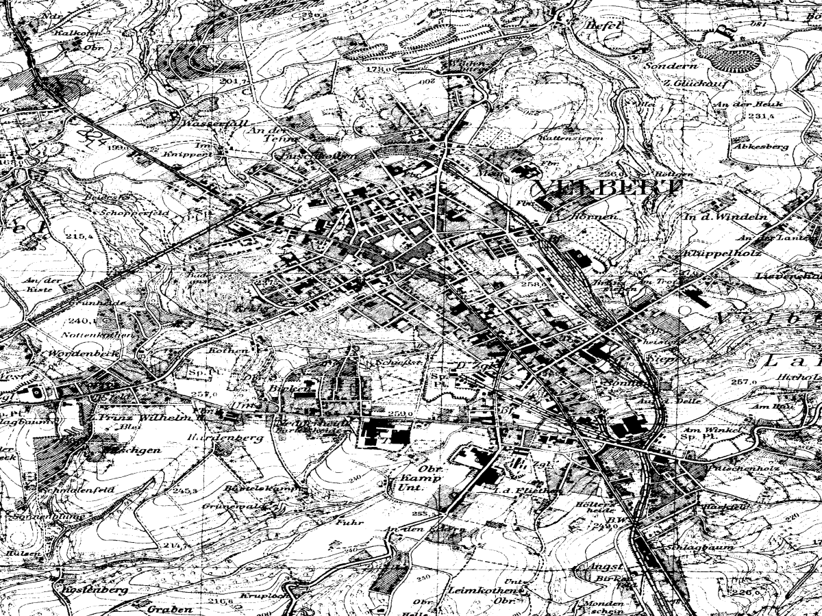 Historische Karte: Velbert (Innenstadt), aufgenommen 1936–1945 (Topographische Karte TK25). Quelle: Geobasis NRW, Datenlizenz Deutschland Zero 2.0.