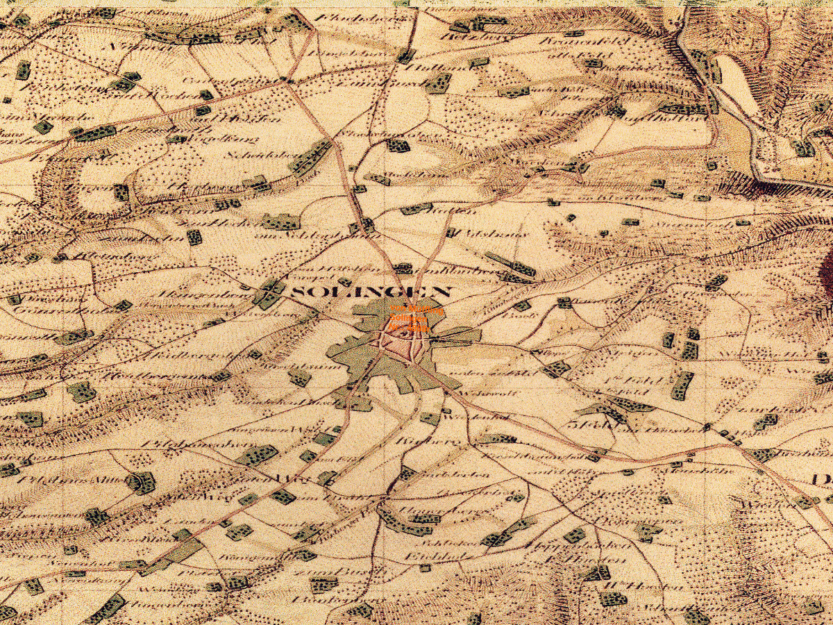 Historische Karte: Solingen, aufgenommen 1801–1828 (Tranchot-Karte). Quelle: Geobasis NRW, Datenlizenz Deutschland Zero 2.0.