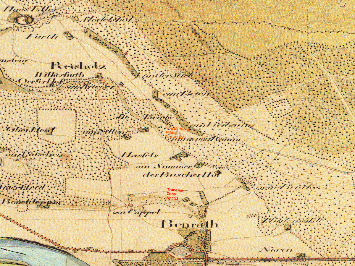 Historische Karte: Düsseldorf-Hassels, aufgenommen 1801–1828 (Tranchot-Karte). Quelle: Geobasis NRW, Datenlizenz Deutschland Zero 2.0.
