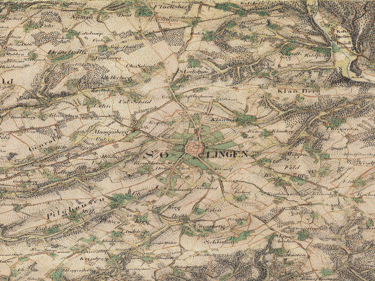 Historische Karte: Solingen, aufgenommen 1836–1850 (Preußische Uraufnahme). Quelle: Geobasis NRW, Datenlizenz Deutschland Zero 2.0.