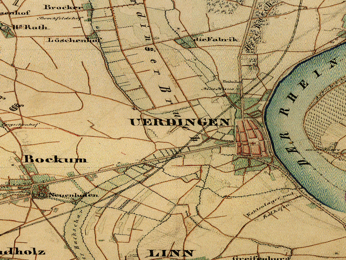 Historische Karte: Krefeld-Uerdingen, aufgenommen 1836–1850 (Preußische Uraufnahme). Quelle: Geobasis NRW, Datenlizenz Deutschland Zero 2.0.