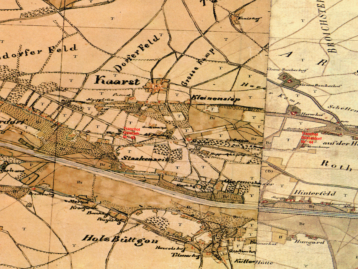 Historische Karte: Kaarst, aufgenommen 1801–1828 (Tranchot-Karte). Quelle: Geobasis NRW, Datenlizenz Deutschland Zero 2.0.