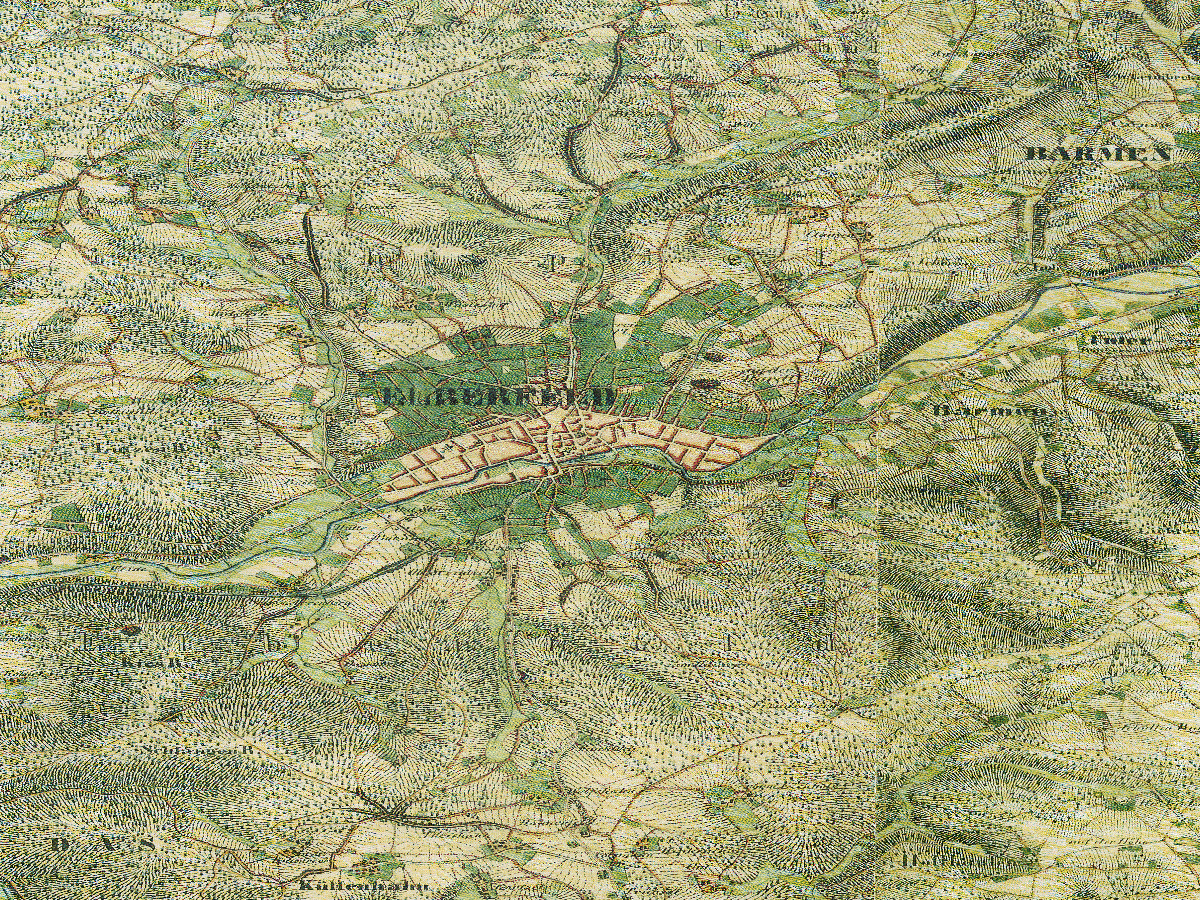 Historische Karte: Wuppertal-Elberfeld, aufgenommen 1836–1850 (Preußische Uraufnahme). Quelle: Geobasis NRW, Datenlizenz Deutschland Zero 2.0.