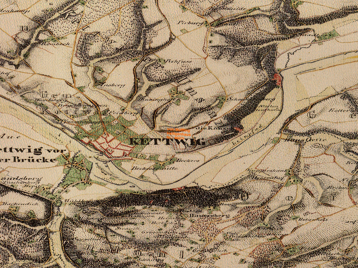 Historische Karte: Essen-Kettwig, aufgenommen 1801–1828 (Tranchot-Karte). Quelle: Geobasis NRW, Datenlizenz Deutschland Zero 2.0.