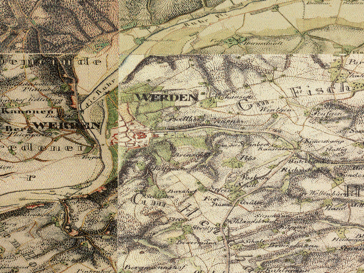 Historische Karte: Essen-Werden, aufgenommen 1836–1850 (Preußische Uraufnahme). Quelle: Geobasis NRW, Datenlizenz Deutschland Zero 2.0.
