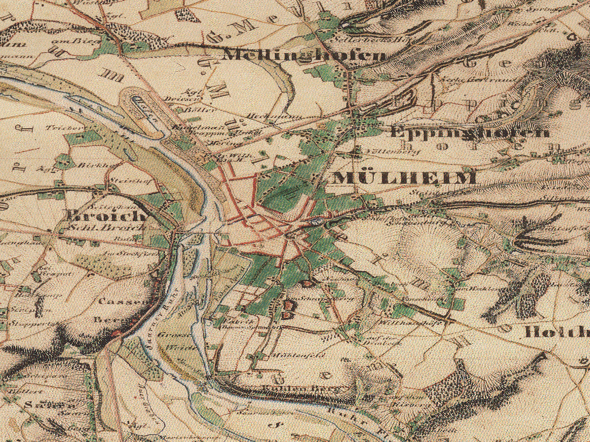 Historische Karte: Mülheim an der Ruhr, aufgenommen 1836–1850 (Preußische Uraufnahme). Quelle: Geobasis NRW, Datenlizenz Deutschland Zero 2.0.