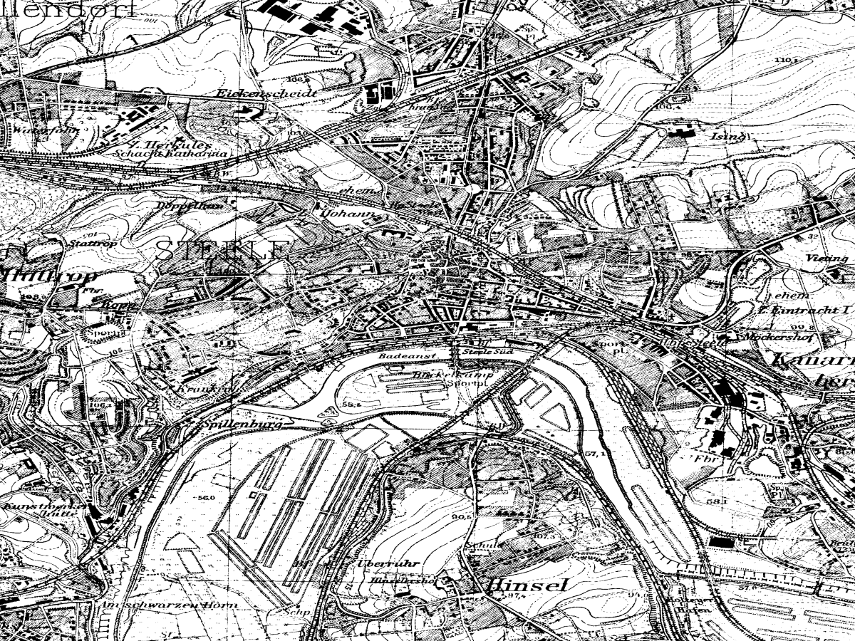 Historische Karte: Essen-Steele, aufgenommen 1936–1945 (Topographische Karte TK25). Quelle: Geobasis NRW, Datenlizenz Deutschland Zero 2.0.