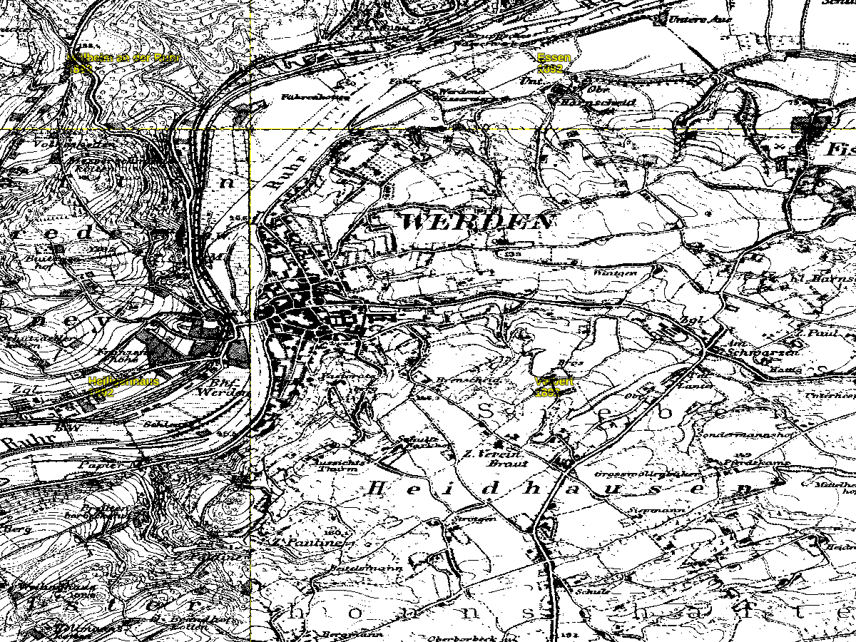 Historische Karte: Essen-Werden, aufgenommen 1891–1912 (Preußische Neuaufnahme). Quelle: Geobasis NRW, Datenlizenz Deutschland Zero 2.0.