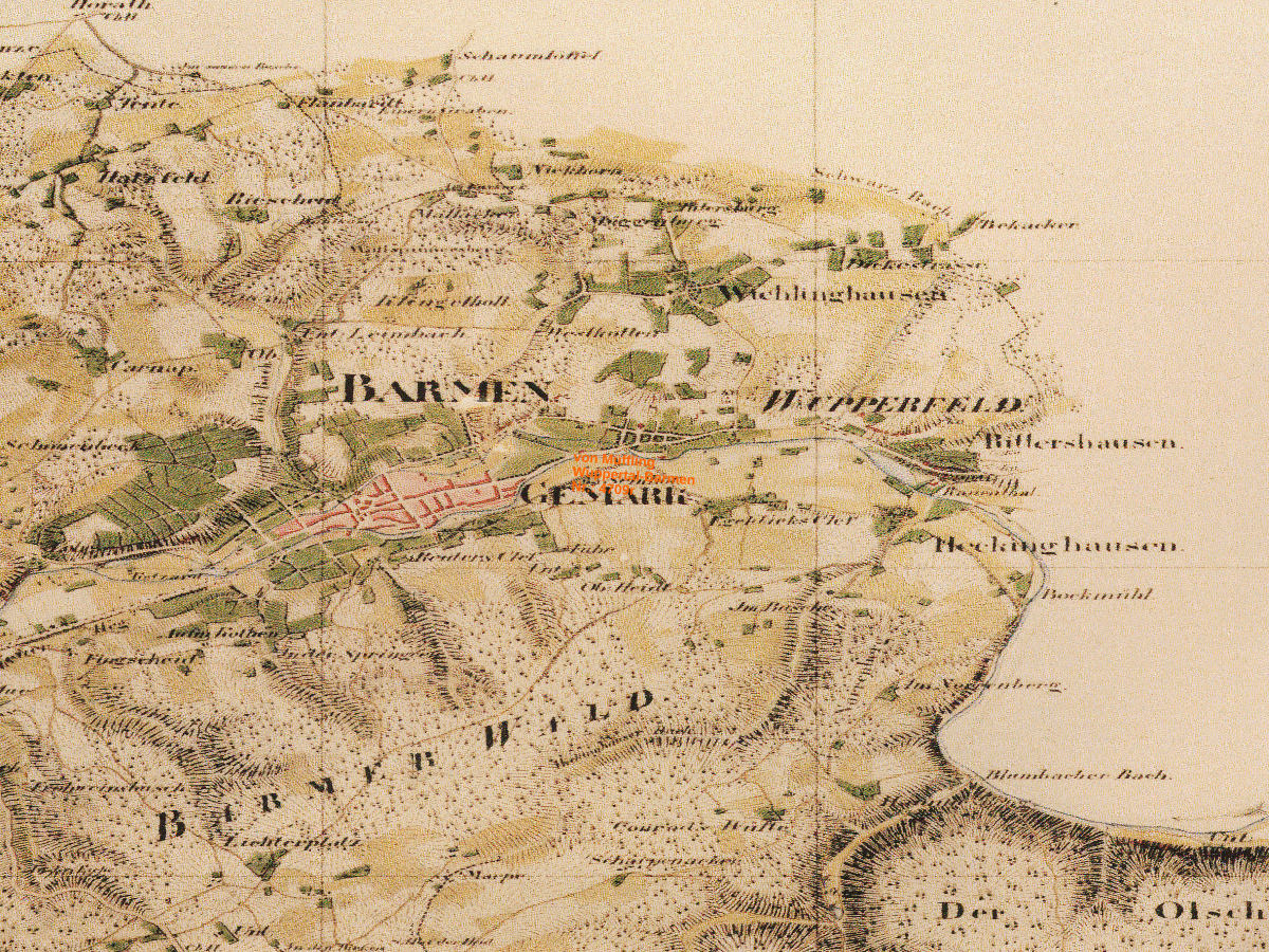 Historische Karte: Wuppertal-Barmen, aufgenommen 1801–1828 (Tranchot-Karte). Quelle: Geobasis NRW, Datenlizenz Deutschland Zero 2.0.