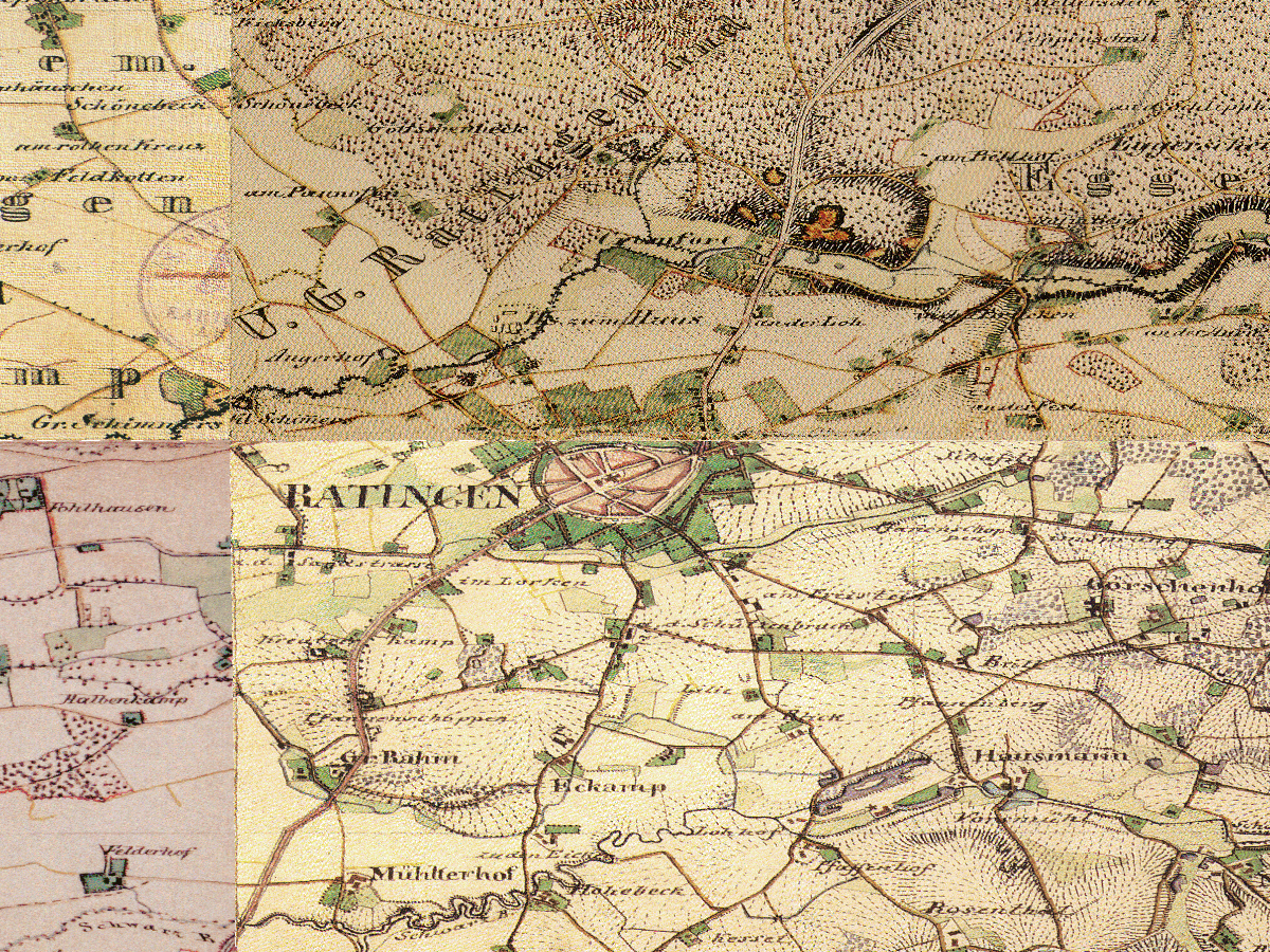 Historische Karte: Ratingen (Innenstadt), aufgenommen 1836–1850 (Preußische Uraufnahme). Quelle: Geobasis NRW, Datenlizenz Deutschland Zero 2.0.