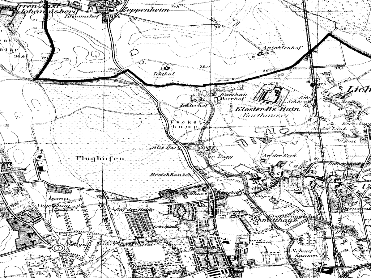 Historische Karte: Düsseldorf-Lohausen, aufgenommen 1936–1945 (Topographische Karte TK25). Quelle: Geobasis NRW, Datenlizenz Deutschland Zero 2.0.