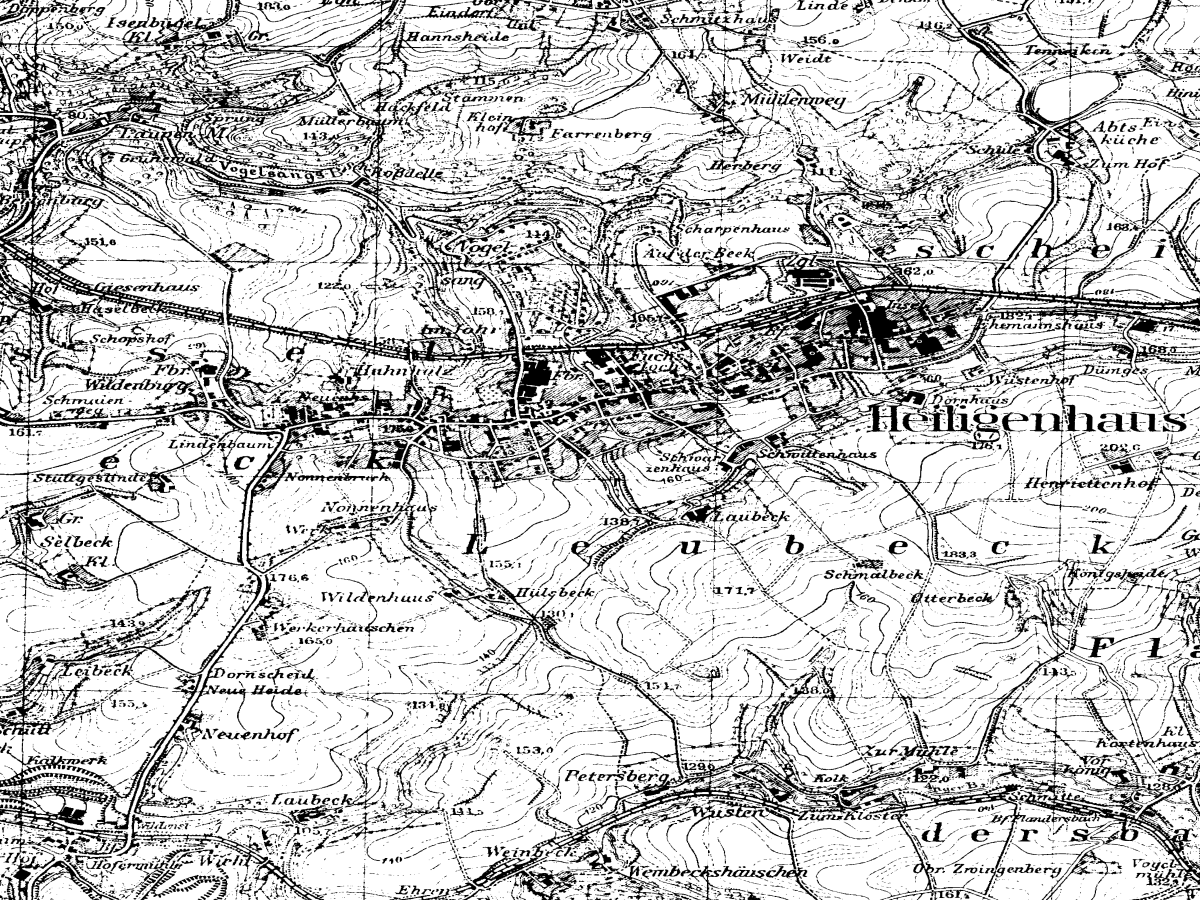 Historische Karte: Heiligenhaus, aufgenommen 1936–1945 (Topographische Karte TK25). Quelle: Geobasis NRW, Datenlizenz Deutschland Zero 2.0.