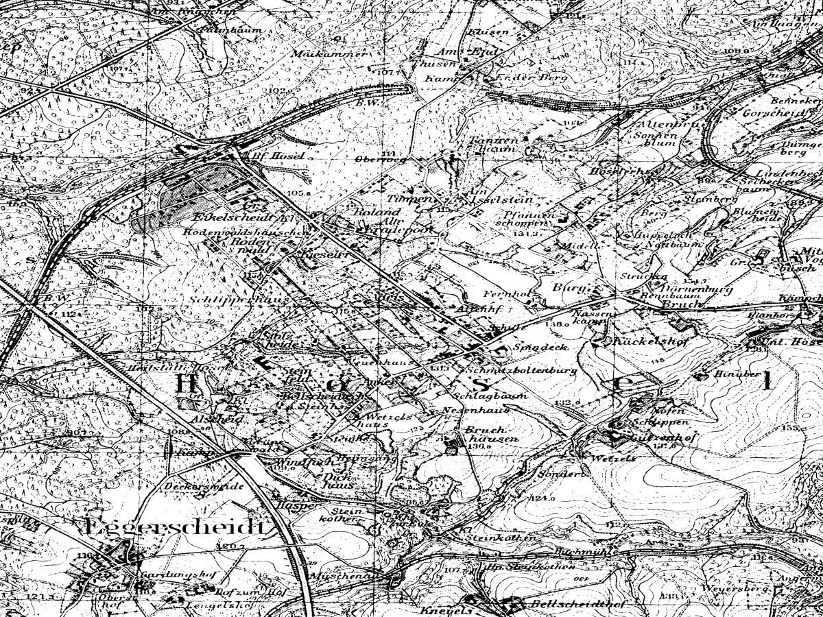Historische Karte: Ratingen-Hösel, aufgenommen 1936–1945 (Topographische Karte TK25). Quelle: Geobasis NRW, Datenlizenz Deutschland Zero 2.0.