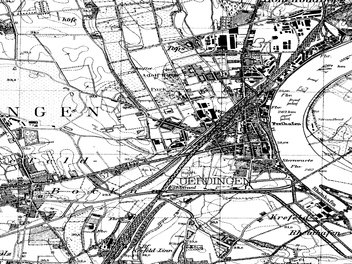 Historische Karte: Krefeld-Uerdingen, aufgenommen 1936–1945 (Topographische Karte TK25). Quelle: Geobasis NRW, Datenlizenz Deutschland Zero 2.0.