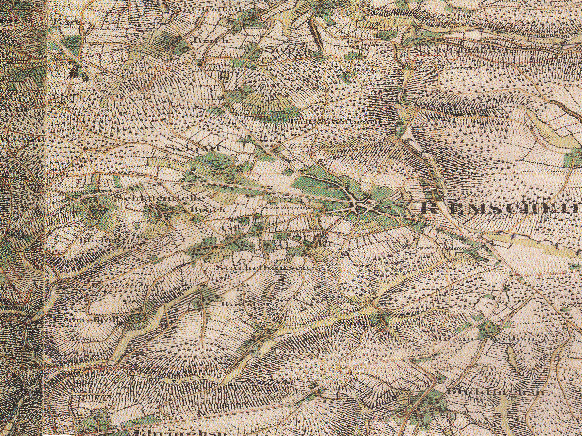 Historische Karte: Remscheid, aufgenommen 1836–1850 (Preußische Uraufnahme). Quelle: Geobasis NRW, Datenlizenz Deutschland Zero 2.0.