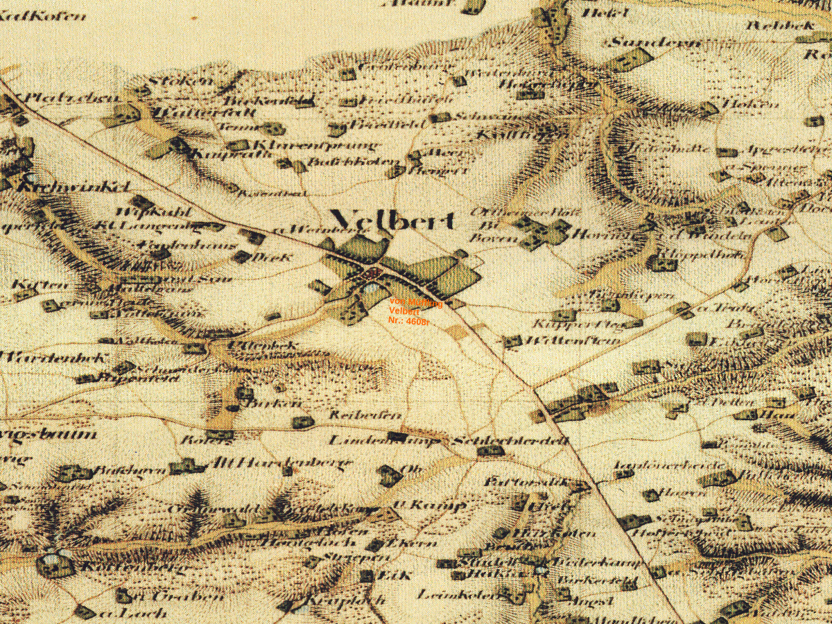 Historische Karte: Velbert (Innenstadt), aufgenommen 1801–1828 (Tranchot-Karte). Quelle: Geobasis NRW, Datenlizenz Deutschland Zero 2.0.