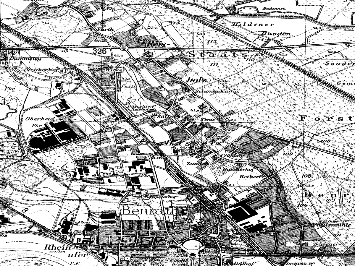 Historische Karte: Düsseldorf-Hassels, aufgenommen 1936–1945 (Topographische Karte TK25). Quelle: Geobasis NRW, Datenlizenz Deutschland Zero 2.0.