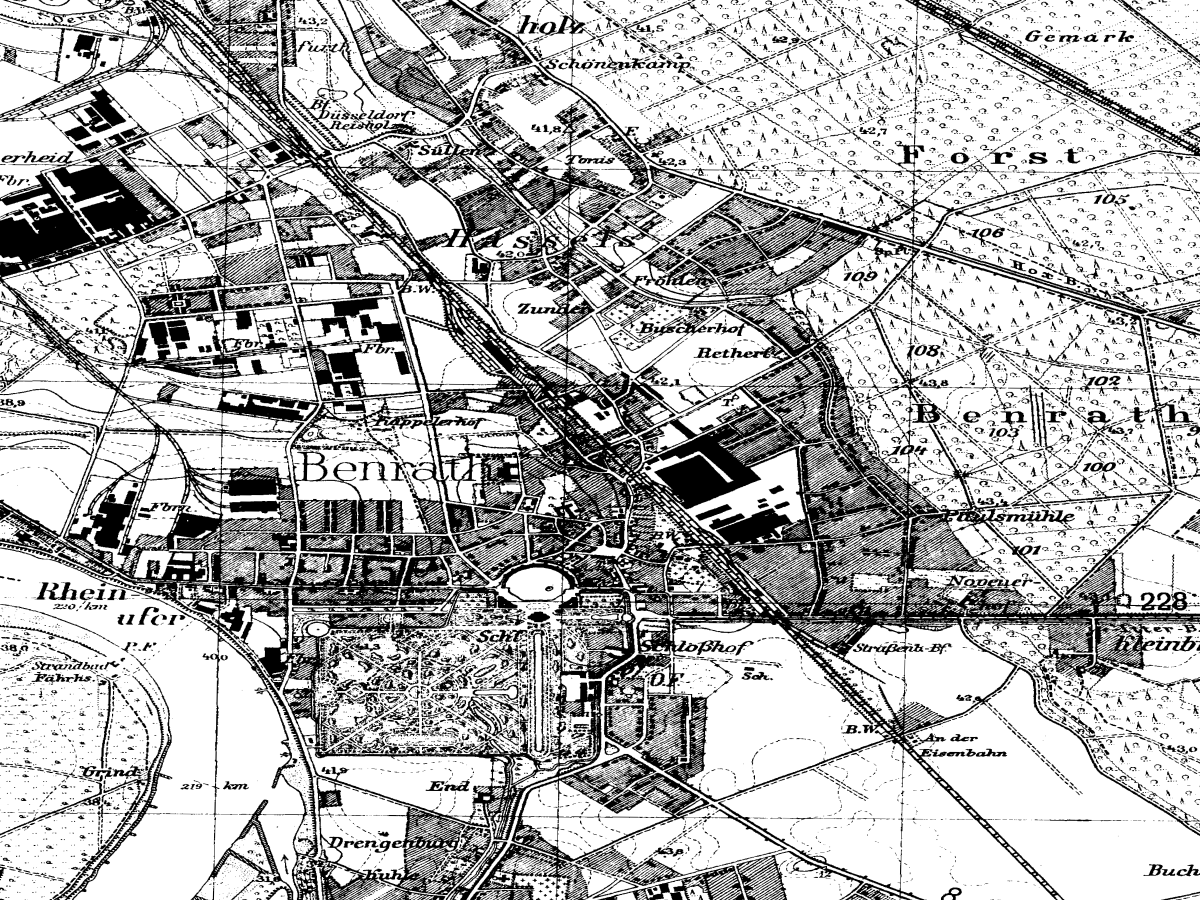 Historische Karte: Düsseldorf-Benrath, aufgenommen 1936–1945 (Topographische Karte TK25). Quelle: Geobasis NRW, Datenlizenz Deutschland Zero 2.0.
