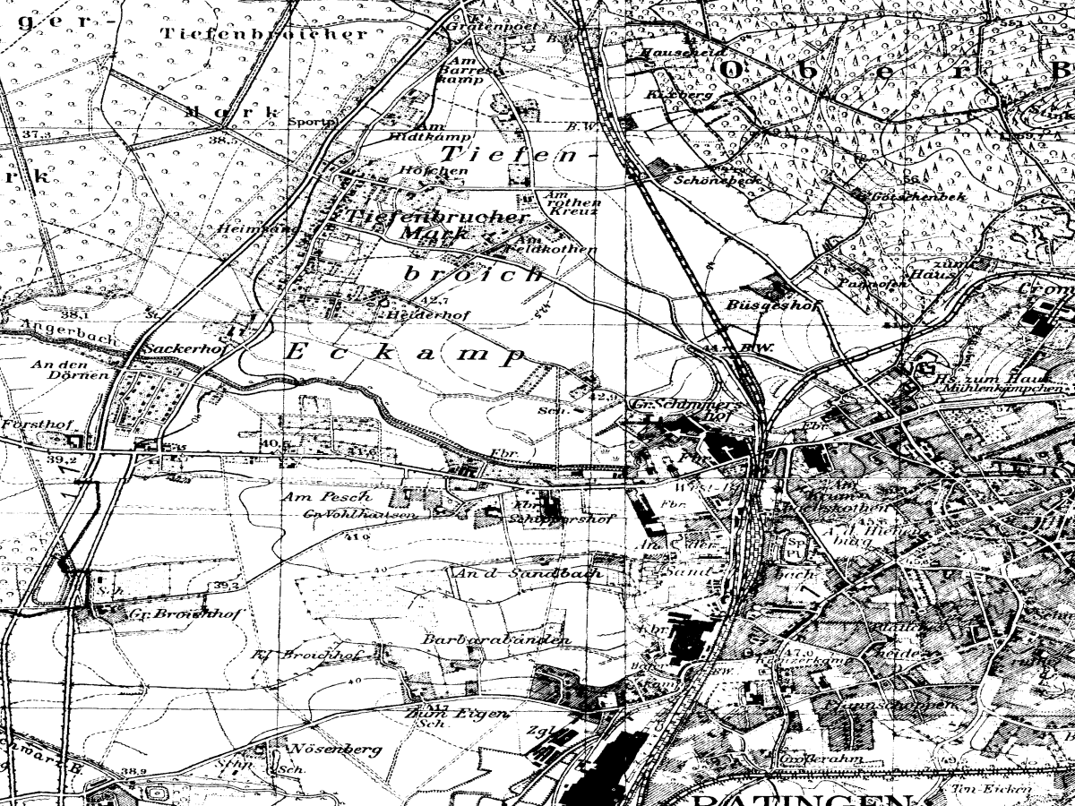 Historische Karte: Ratingen-Tiefenbroich, aufgenommen 1936–1945 (Topographische Karte TK25). Quelle: Geobasis NRW, Datenlizenz Deutschland Zero 2.0.