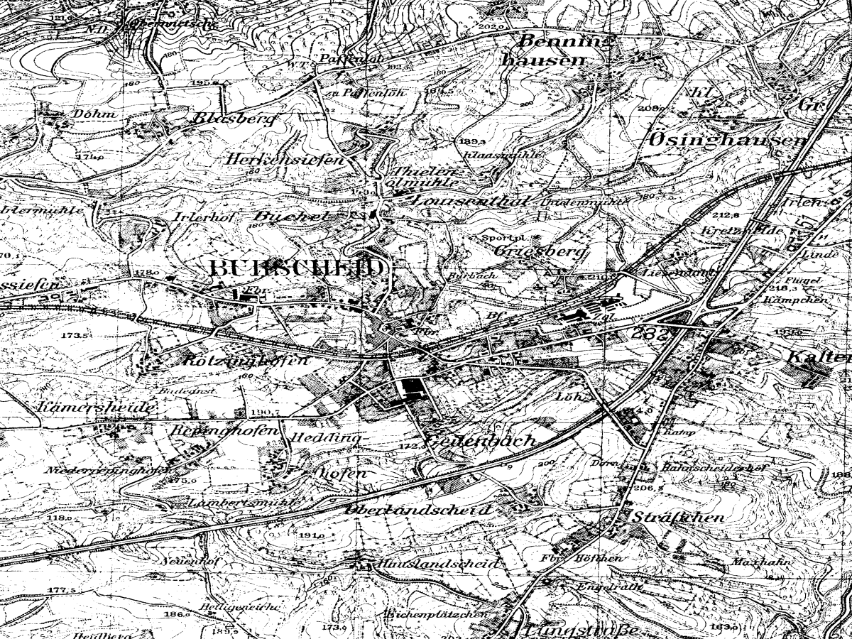 Historische Karte: Burscheid, aufgenommen 1936–1945 (Topographische Karte TK25). Quelle: Geobasis NRW, Datenlizenz Deutschland Zero 2.0.