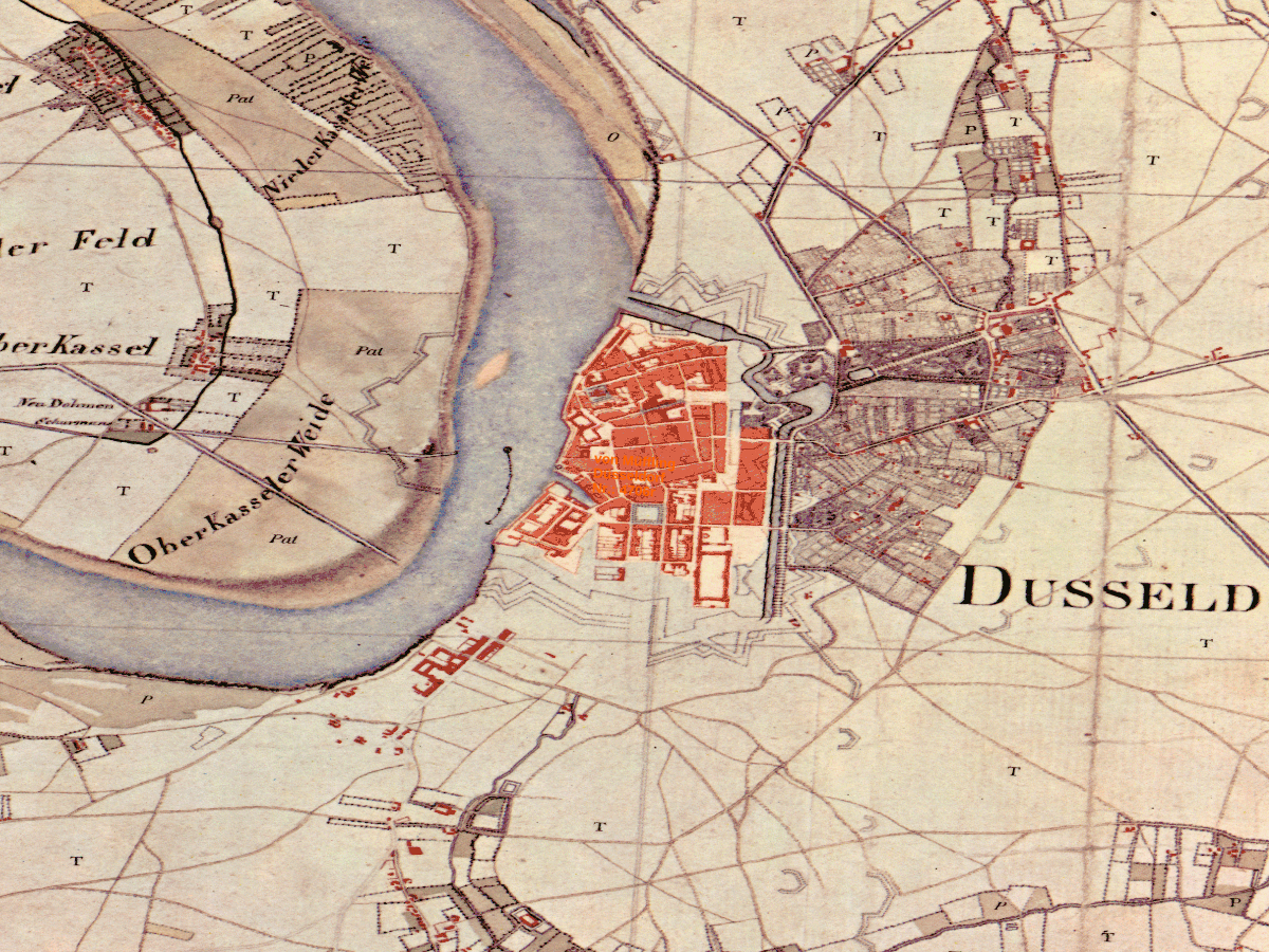 Historische Karte: Düsseldorf (Altstadt), aufgenommen 1801–1828 (Tranchot-Karte). Quelle: Geobasis NRW, Datenlizenz Deutschland Zero 2.0.
