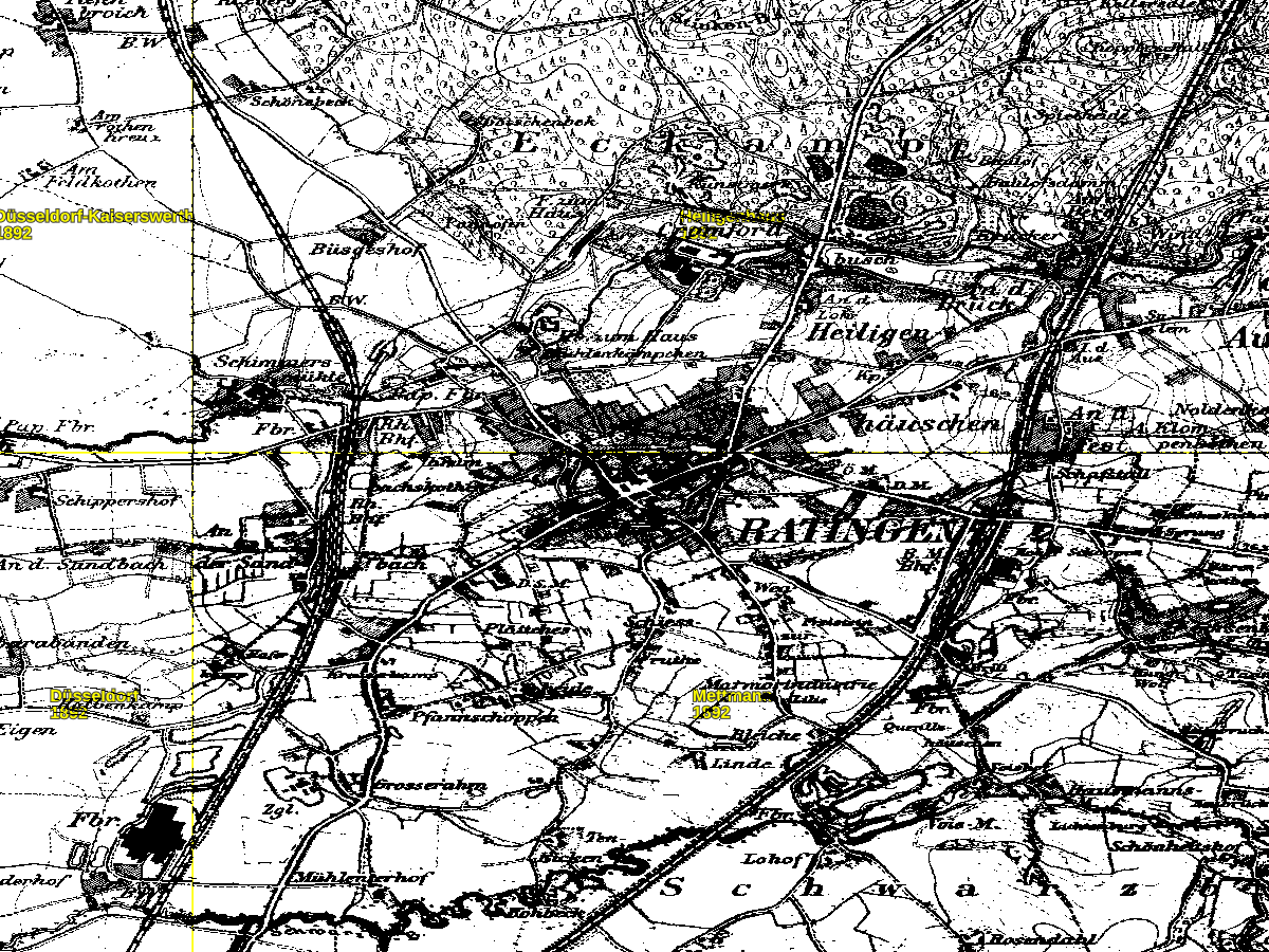 Historische Karte: Ratingen (Innenstadt), aufgenommen 1891–1912 (Preußische Neuaufnahme). Quelle: Geobasis NRW, Datenlizenz Deutschland Zero 2.0.
