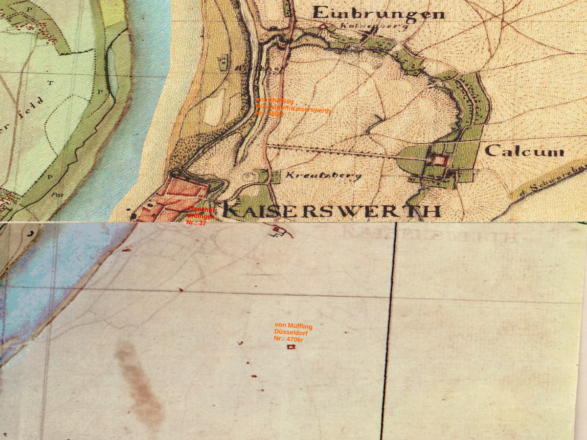 Historische Karte: Düsseldorf-Kaiserswerth, aufgenommen 1801–1828 (Tranchot-Karte). Quelle: Geobasis NRW, Datenlizenz Deutschland Zero 2.0.