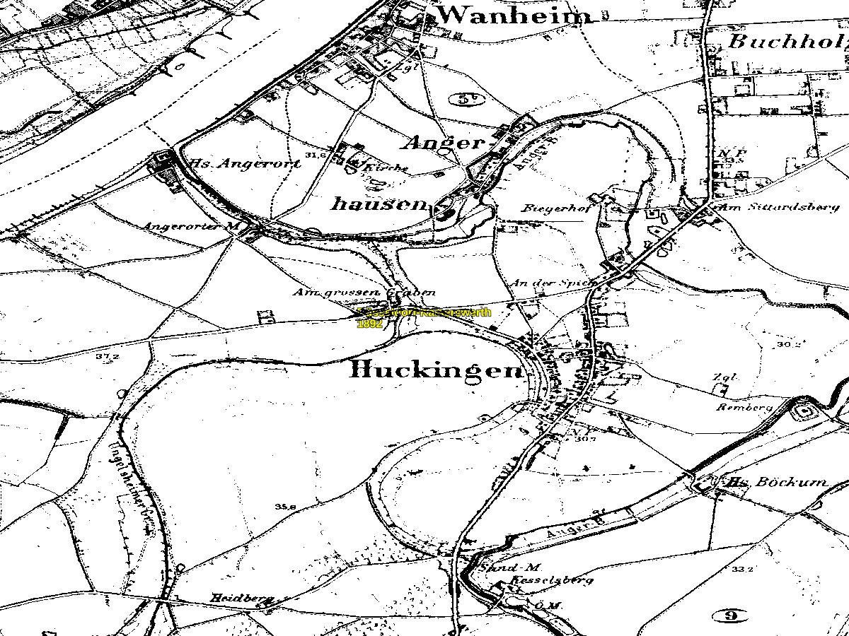 Historische Karte: Duisburg-Huckingen, aufgenommen 1891–1912 (Preußische Neuaufnahme). Quelle: Geobasis NRW, Datenlizenz Deutschland Zero 2.0.