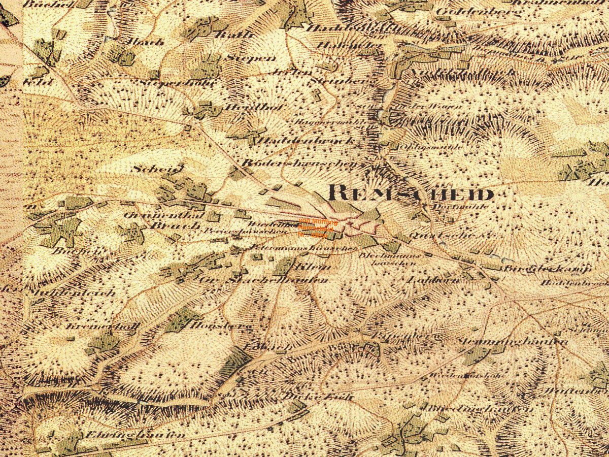 Historische Karte: Remscheid, aufgenommen 1801–1828 (Tranchot-Karte). Quelle: Geobasis NRW, Datenlizenz Deutschland Zero 2.0.