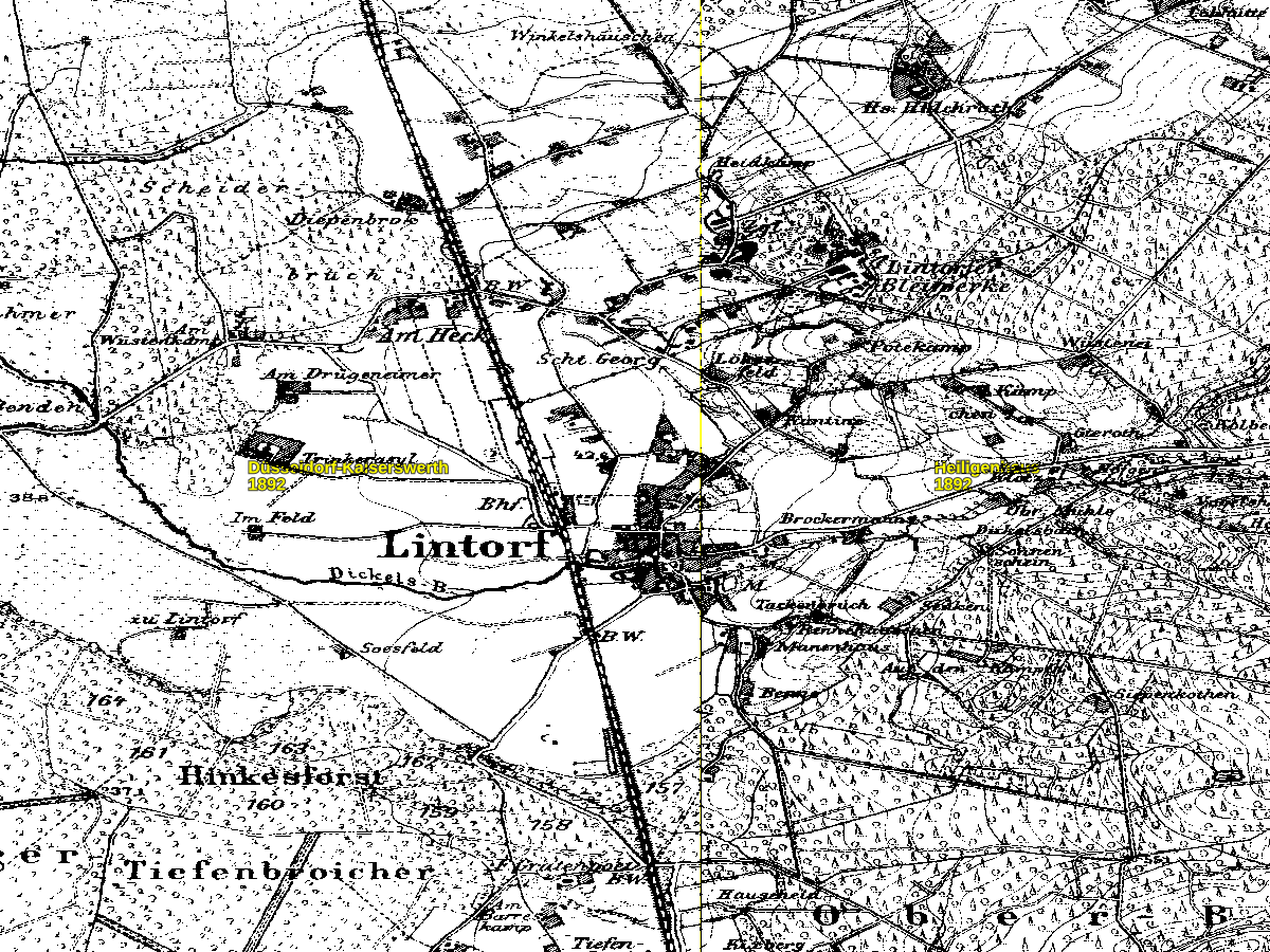 Historische Karte: Ratingen-Lintorf, aufgenommen 1891–1912 (Preußische Neuaufnahme). Quelle: Geobasis NRW, Datenlizenz Deutschland Zero 2.0.
