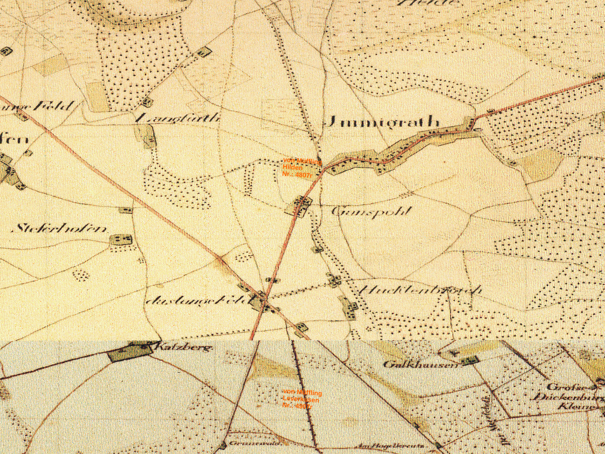 Historische Karte: Langenfeld (Rheinland), aufgenommen 1801–1828 (Tranchot-Karte). Quelle: Geobasis NRW, Datenlizenz Deutschland Zero 2.0.